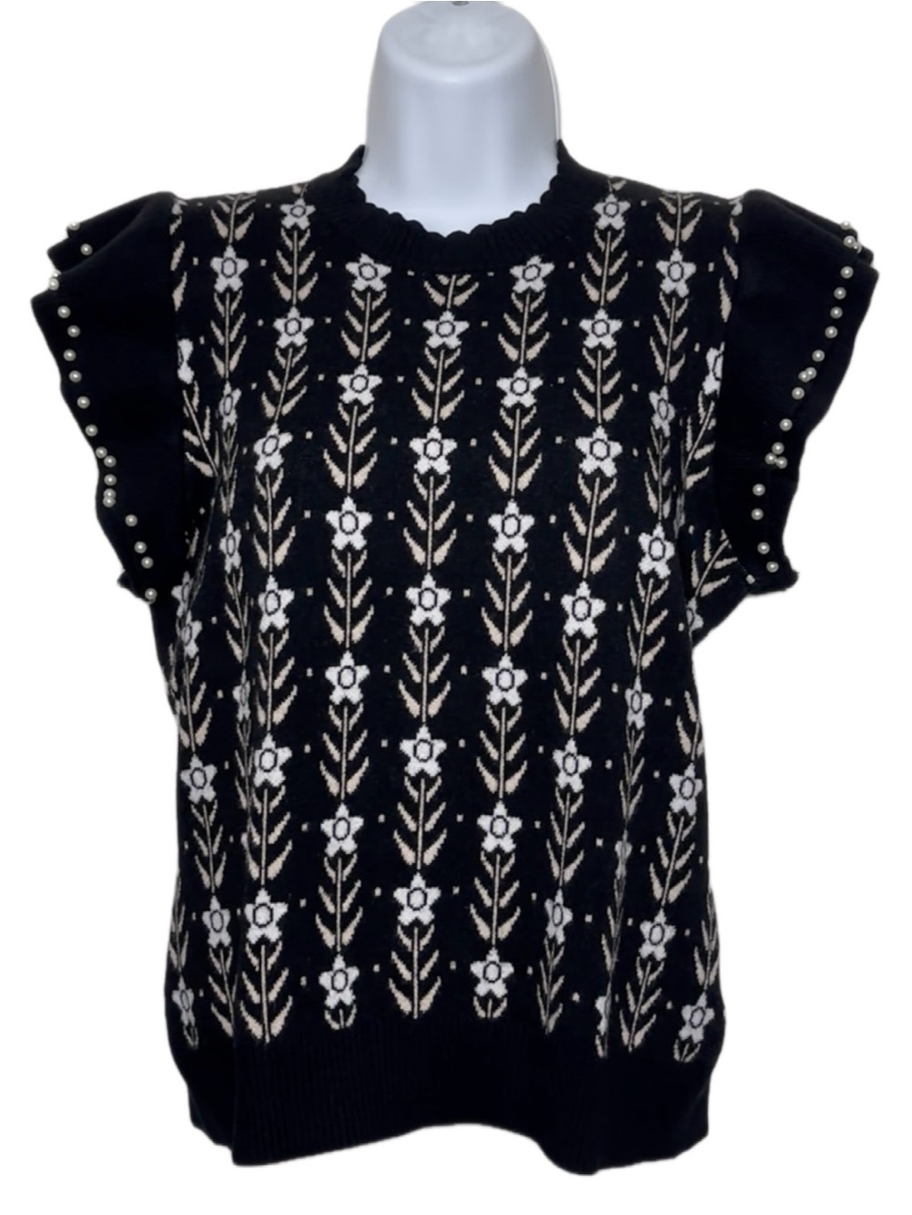 Ontwelfth Black Floral Jacquard Ruffle Sleeve Top For Women